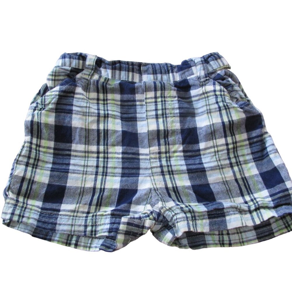 B.T. Kids Pull On Shorts Infant Boys Size 6-9M Blue White Plaid Elastic Bottoms‎
